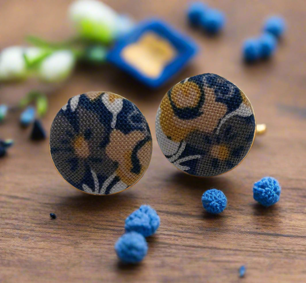 Blue & Gold Floral Fabric Button Earrings