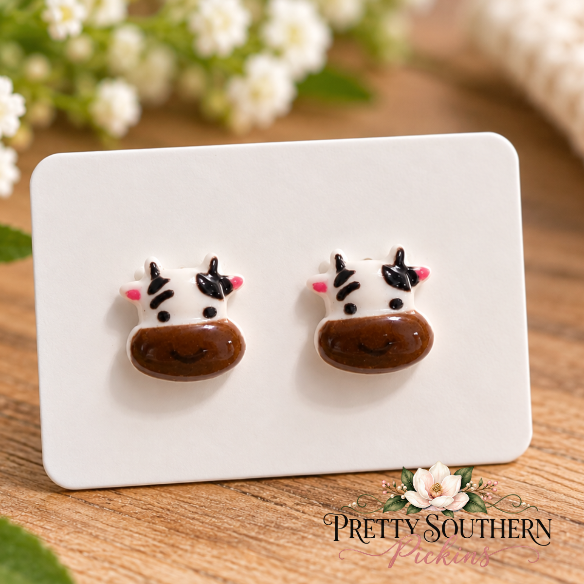 Brown Cow Face Earrings (9mm)