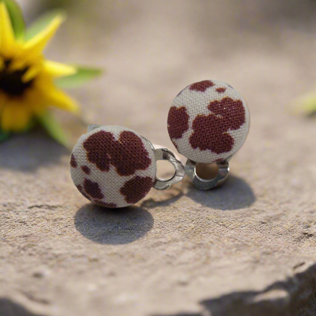 Brown Cow Print Clip On Fabric Button Earrings (13mm)