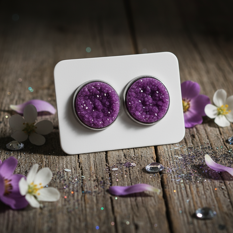 Dark Purple Imitation Druzy Earrings (14mm)