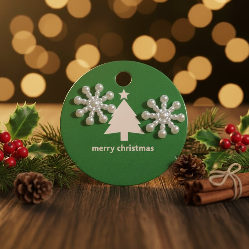 Green Merry Christmas Gift Tag with 15mm Snowflake Earrings