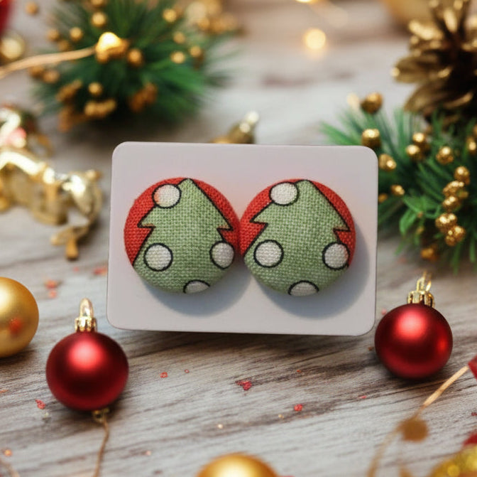 Holly Jolly Trees Fabric Button Earrings (16mm)