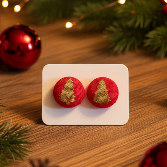 Gold Metallic Christmas Trees on Red Fabric Button Earrings (13mm)
