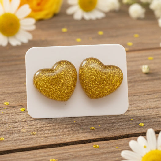 Yellow Glitter Heart Earrings (16mm)