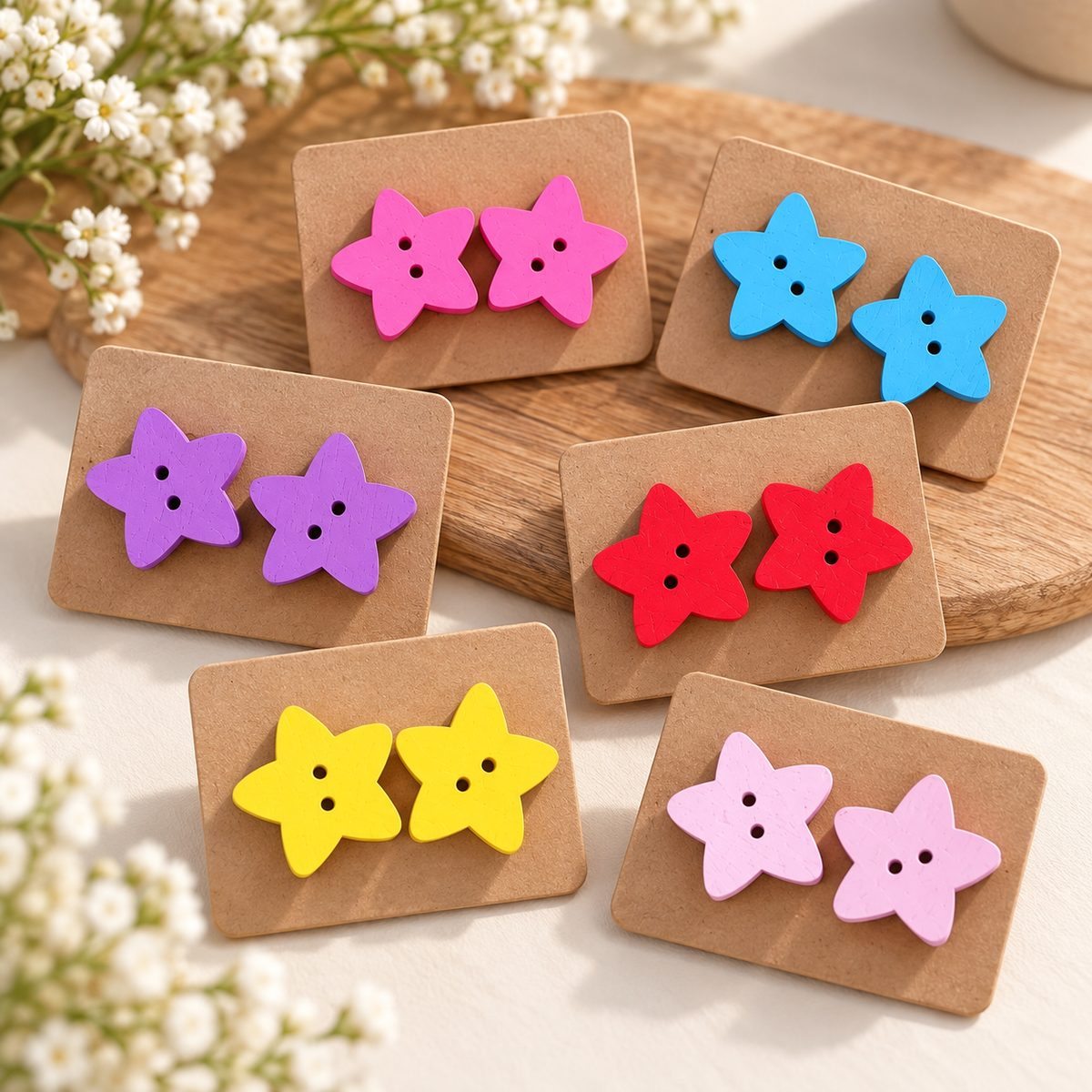 14mm Wood Star Button Earrings