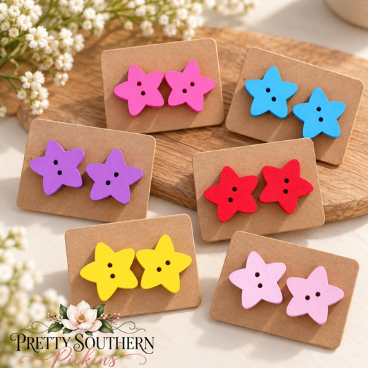14mm Wood Star Button Earrings