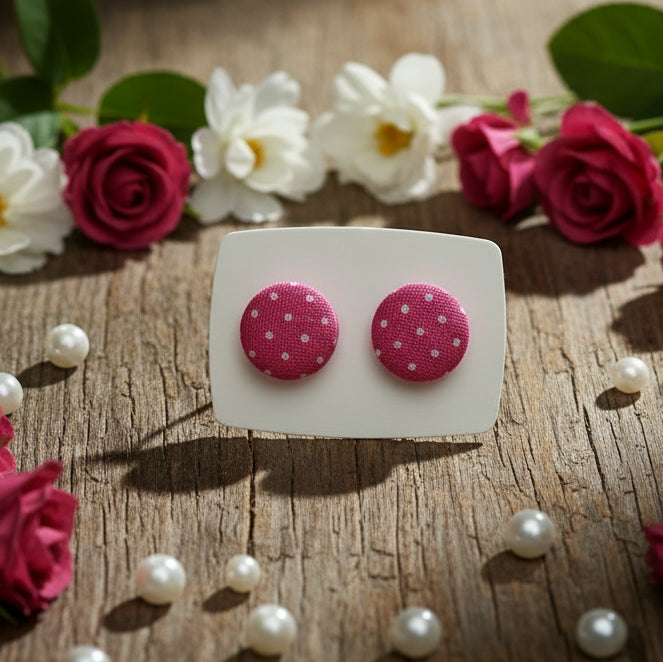 Hot Pink Pin Dot Fabric Button Stud Earrings (13mm)