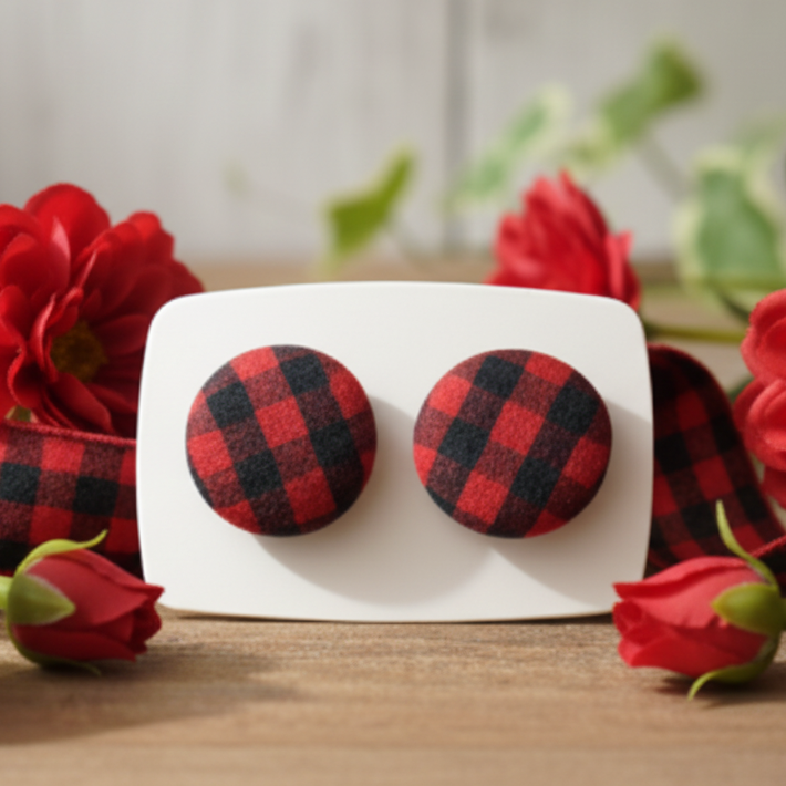Red & Black Plaid Fabric Button Stud Earrings