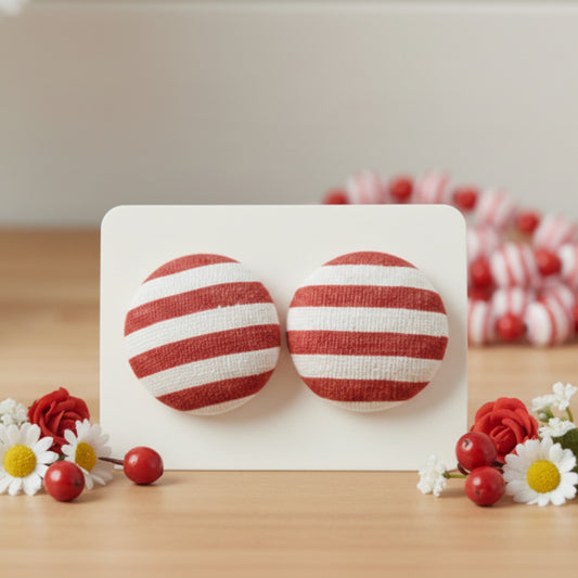 Red Stripes Fabric Button Earrings