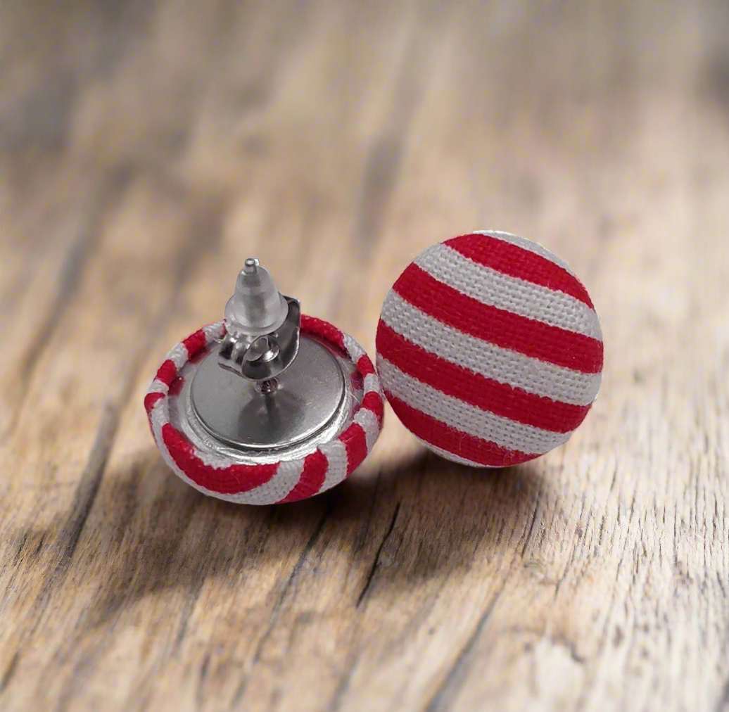 Red Stripes Fabric Button Earrings
