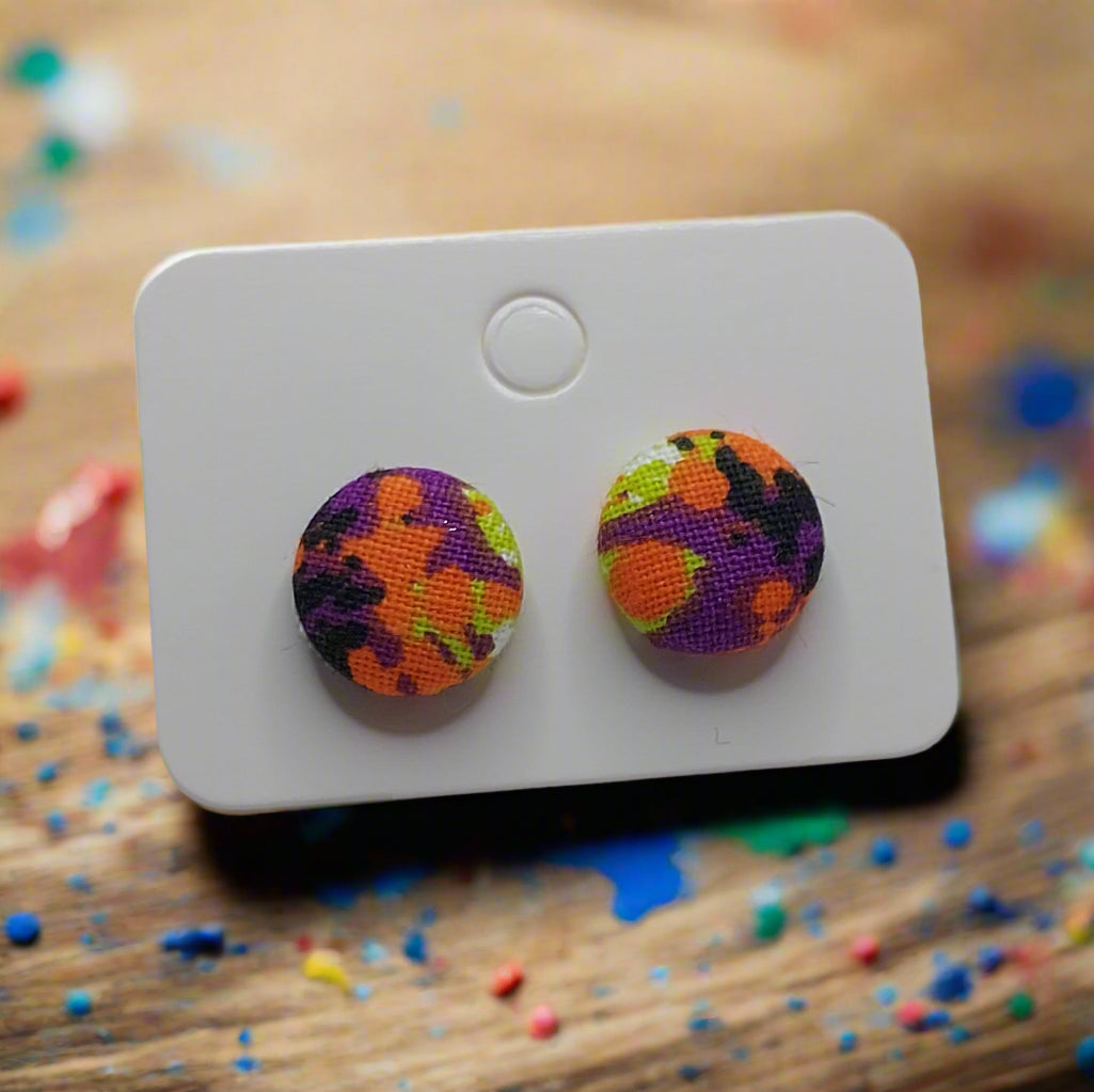 Fluorescent Splatter Fabric Button Earrings