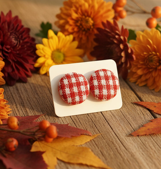 Red Gingham Fabric Button Earrings (13mm)