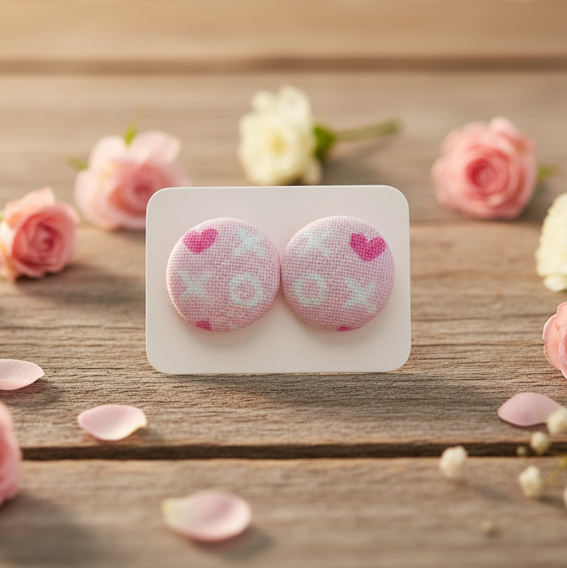 XOXO Pink Fabric Button Earrings