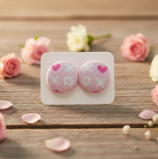 XOXO Pink Fabric Button Earrings