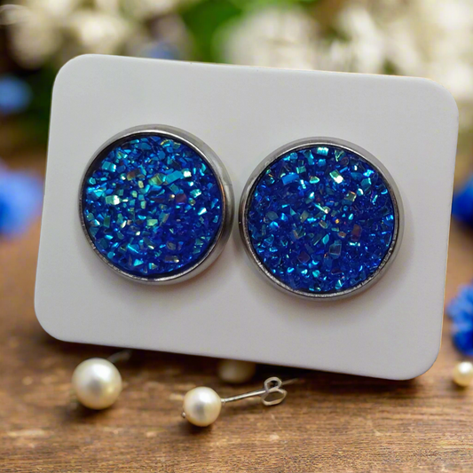 Blue Imitation Druzy Earrings (14mm)