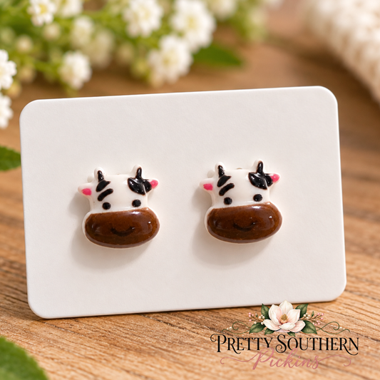 Brown Cow Face Earrings (9mm)