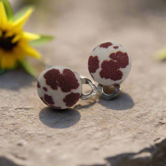 Brown Cow Print Clip On Fabric Button Earrings (13mm)