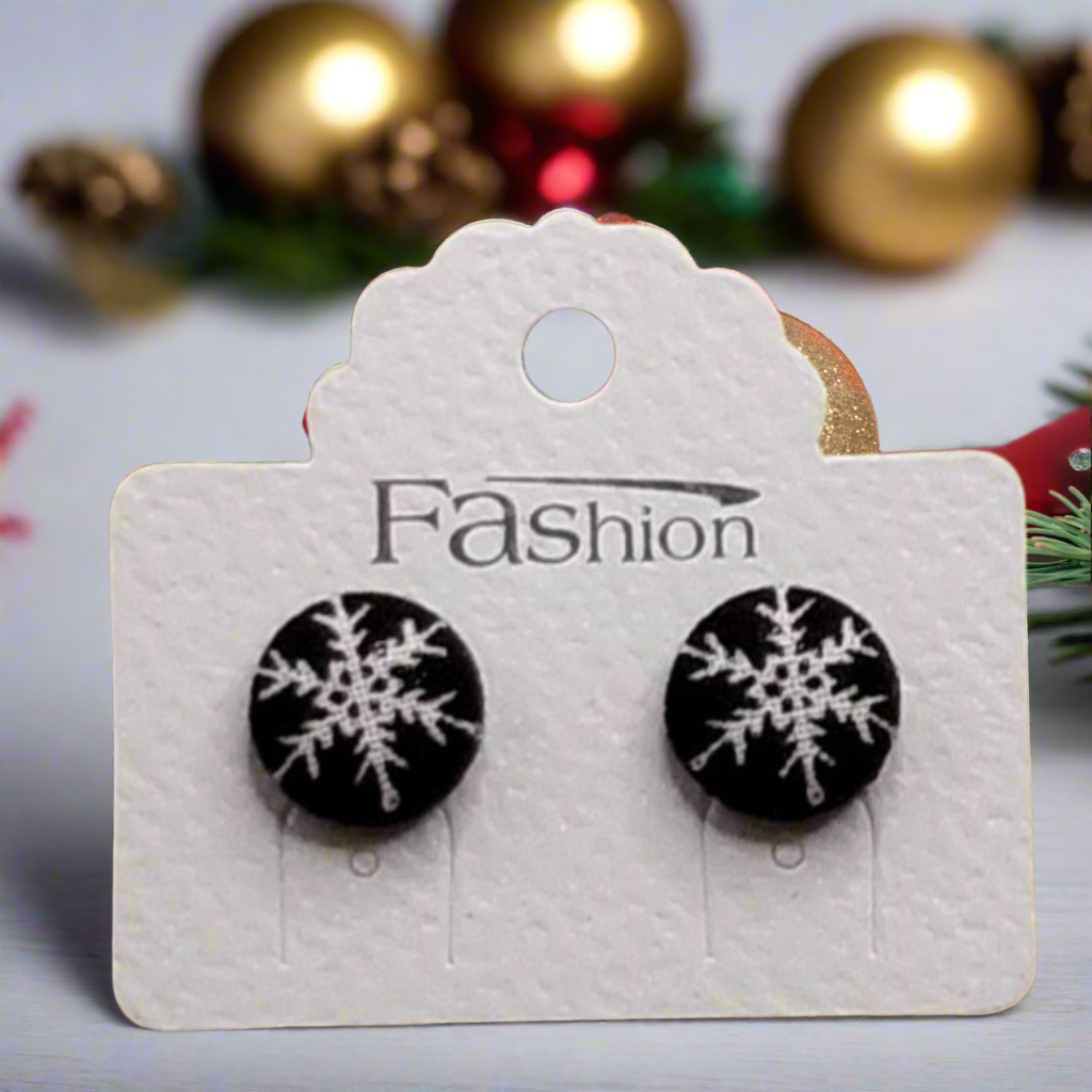 Farmhouse Christmas Snowflakes Fabric Button Stud Earrings (13mm)