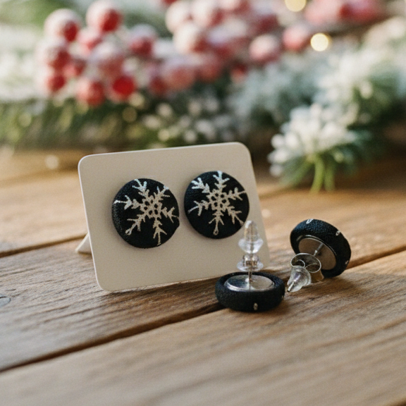 Farmhouse Christmas Snowflakes Fabric Button Stud Earrings (13mm)