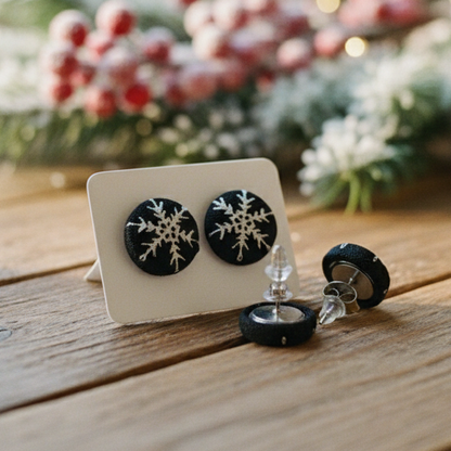 Farmhouse Christmas Snowflakes Fabric Button Stud Earrings (13mm)