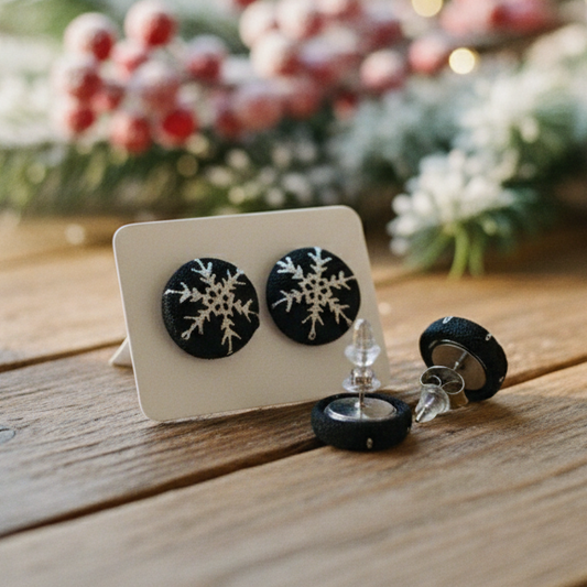 Farmhouse Christmas Snowflakes Fabric Button Stud Earrings (13mm)