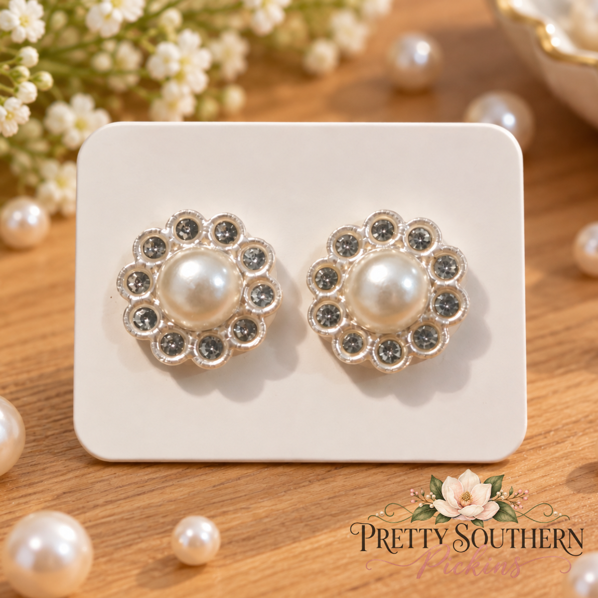 Imitation Pearl & Rhinestone Earrings (13mm)