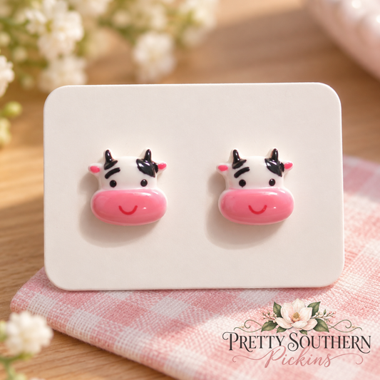 Pink Cow Face Earrings (9mm)