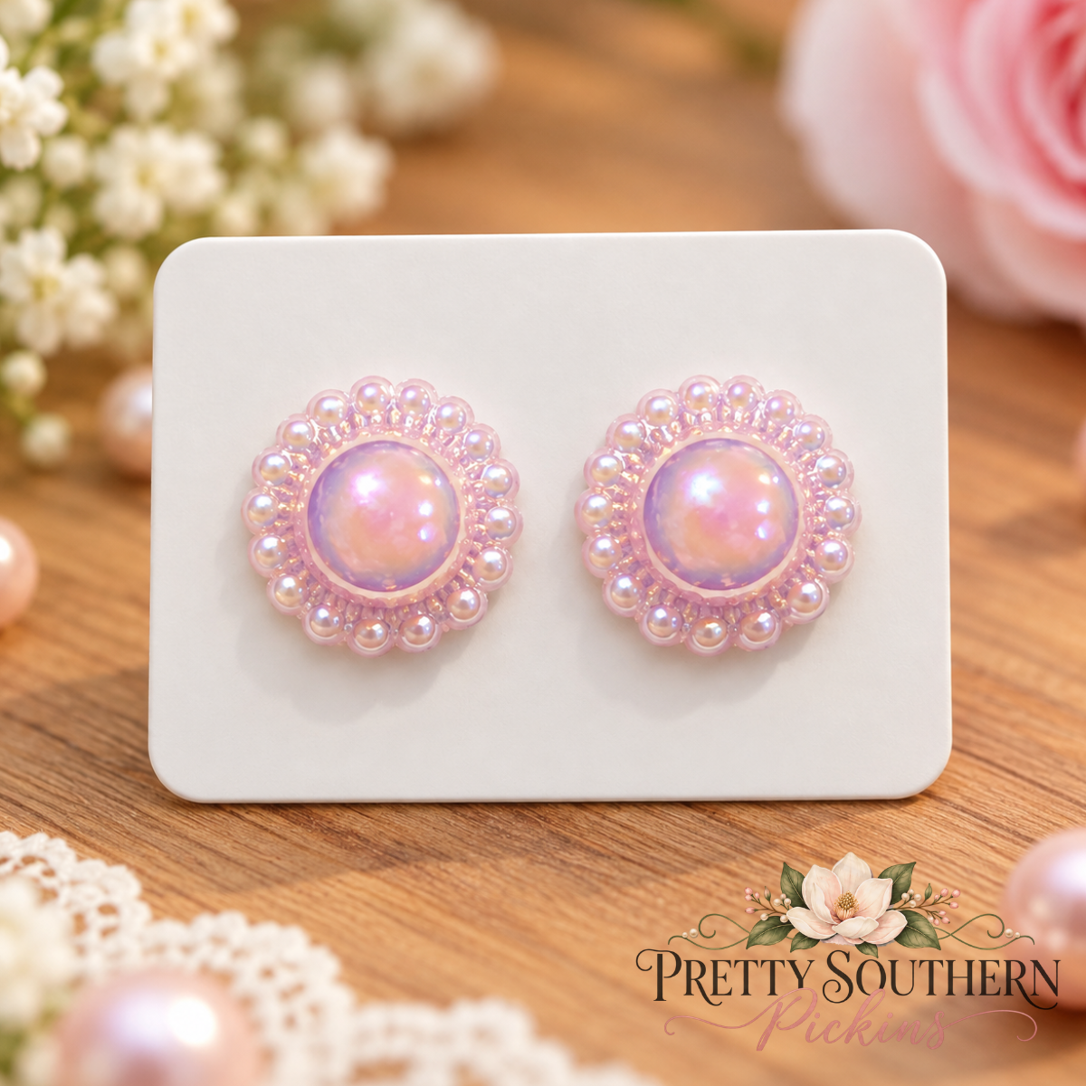 Pink Iridescent Flower Earrings (13mm)