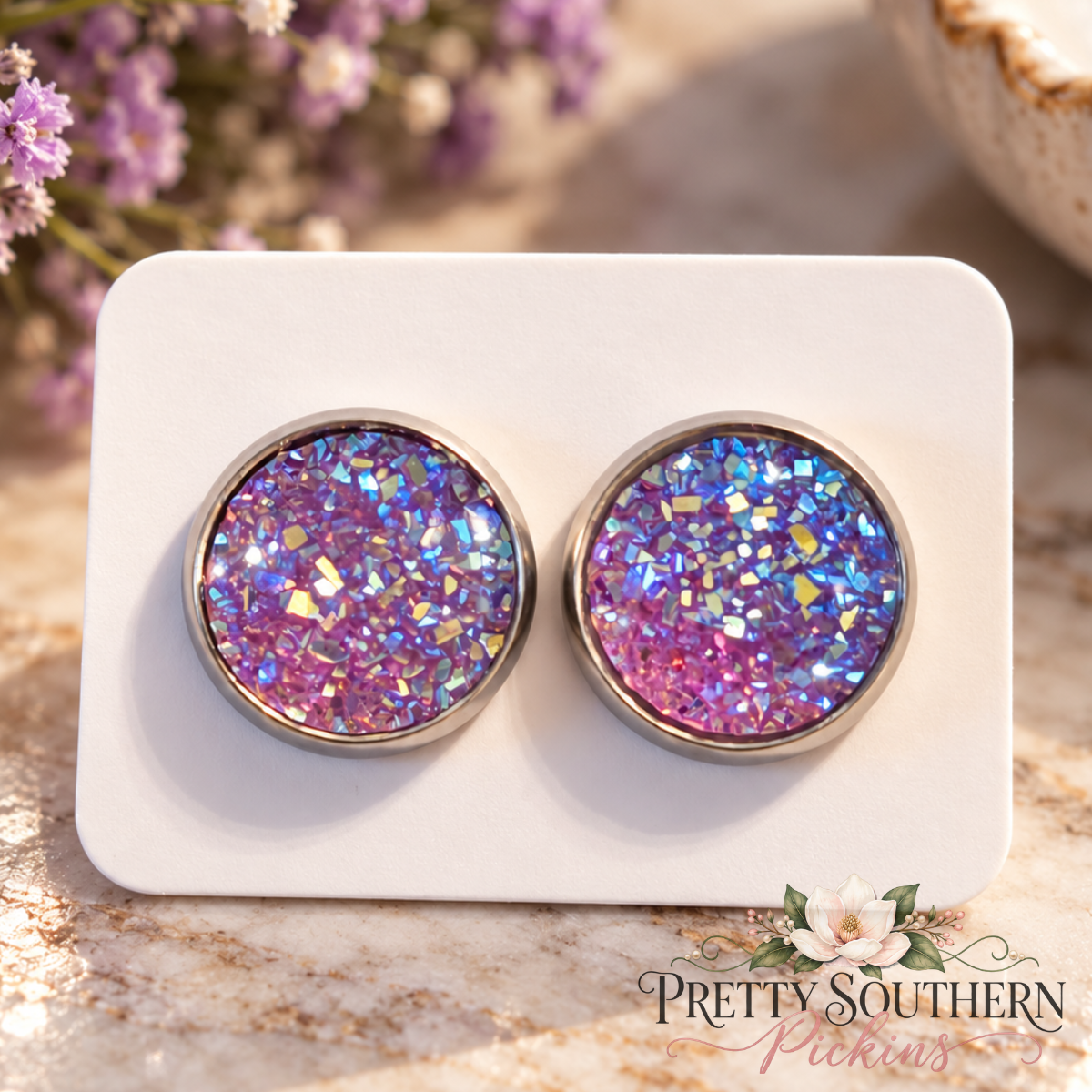 Purple Imitation Druzy Earrings (14mm)