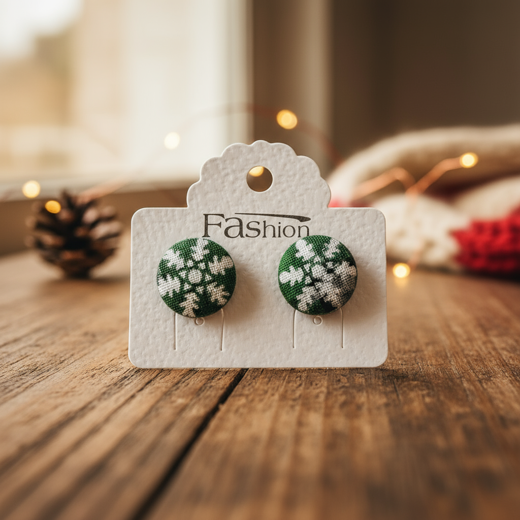 Snowflakes on Green Plaid Fabric Button Stud Earrings (16mm)