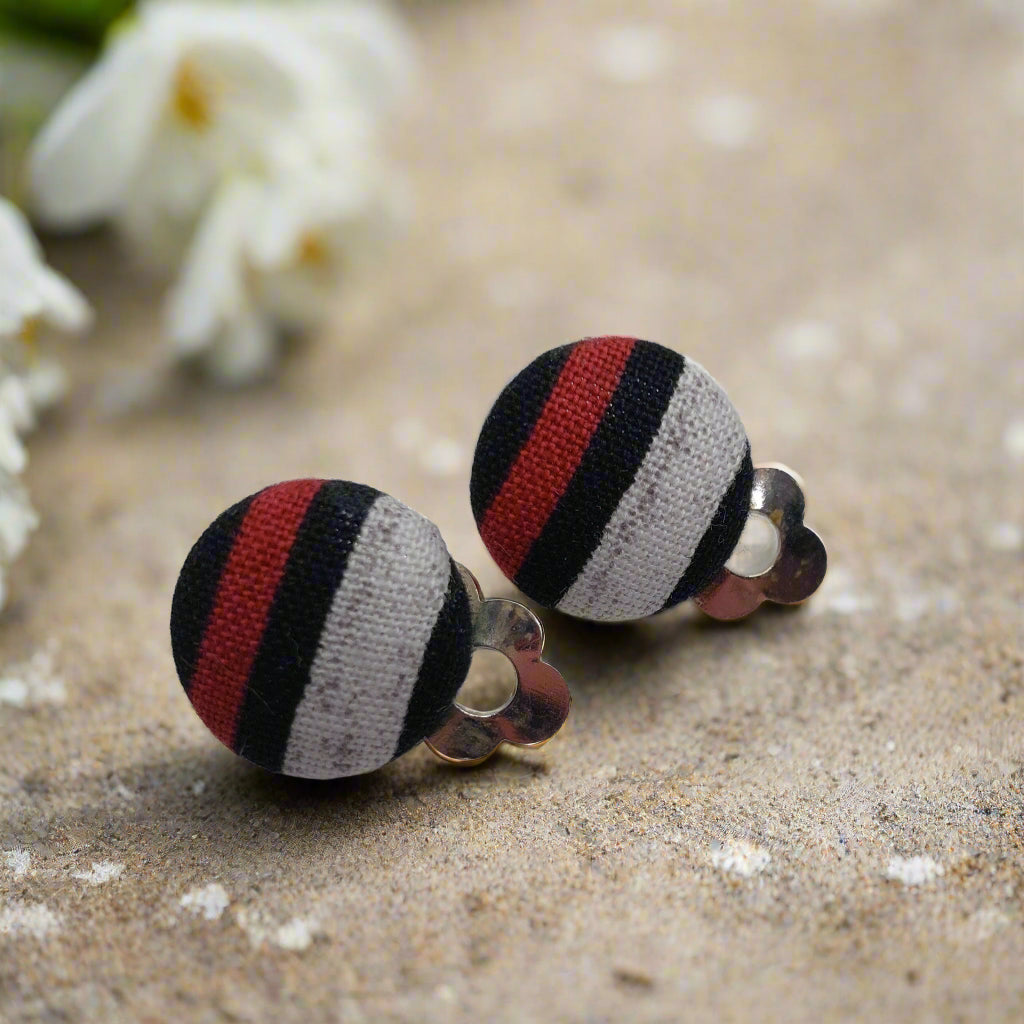 Stripes Clip On Fabric Button Earrings (16mm)