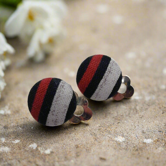 Stripes Clip On Fabric Button Earrings (16mm)