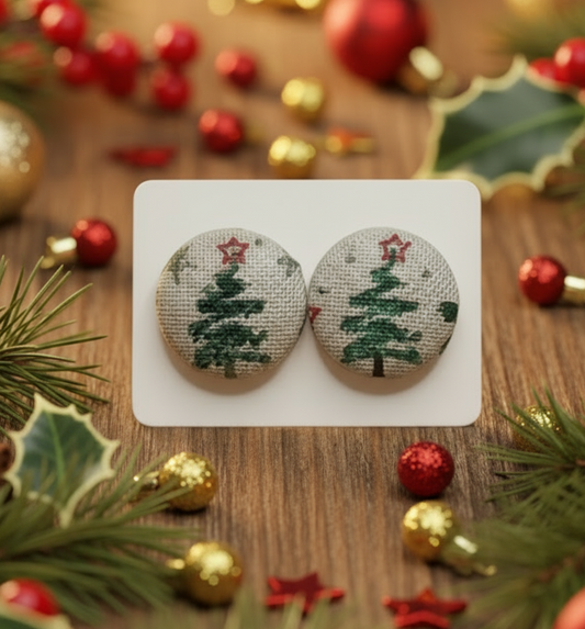Whimsical Christmas Trees Fabric Button Earrings (16mm)