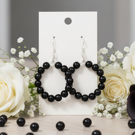 Black Bead Hoop Dangle Earrings