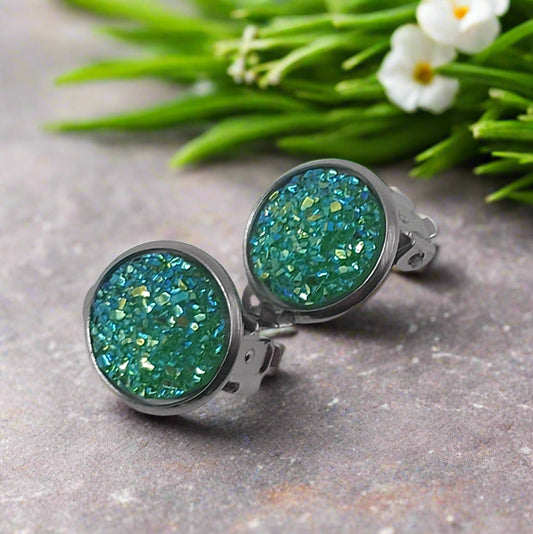 Green Imitation Druzy CLIP-ON Earrings (14mm)