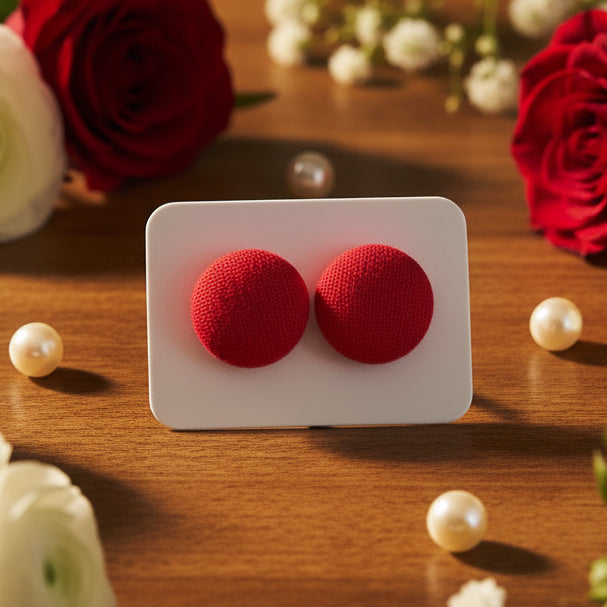 Red Fabric Button Earrings (13mm)