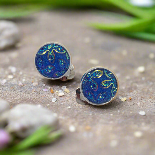 Cornflower Blue Floral Pattern Imitation Druzy CLIP-ON Earrings (14mm)