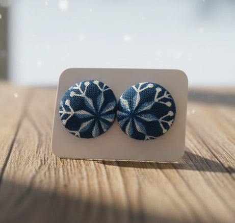 Winter Magic Floral Snowflakes Fabric Button Earrings (16mm)
