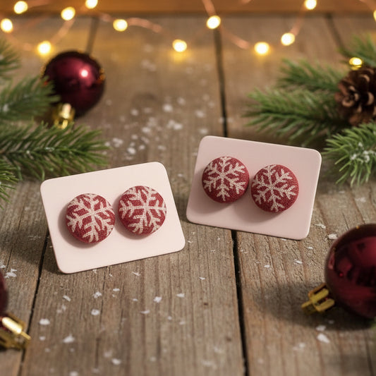 Red Snow Flurries Snowflake Fabric Button Stud Earrings (13mm)