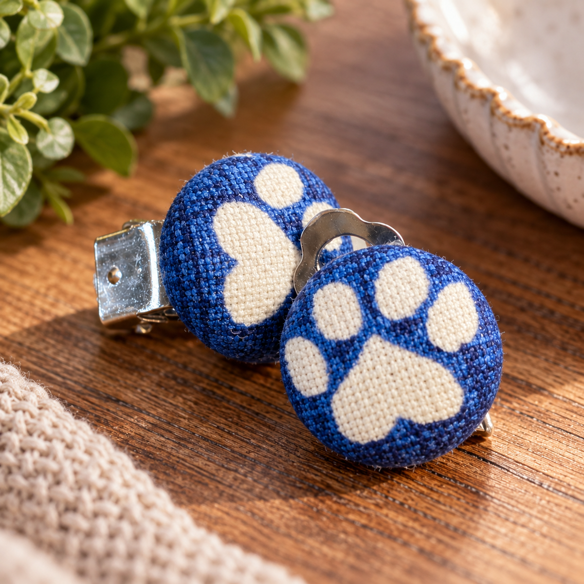Blue Paw Print CLIP-ON Fabric Button Earrings (13mm)